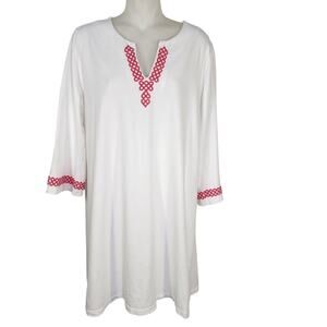 Talbots Womens Tunic Top Small Embroidered V Neck 3/4 Sleeve White Pink Cotton